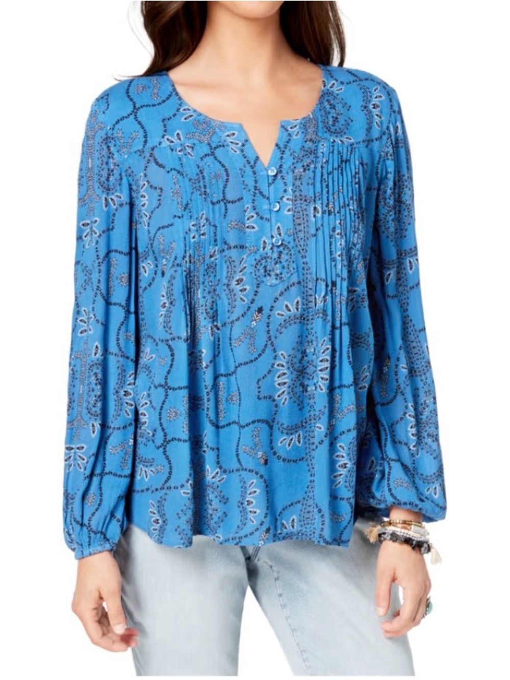 Blue Peasant Blouse Top Style & Co. Delicate Pintuck Pleating Size Large